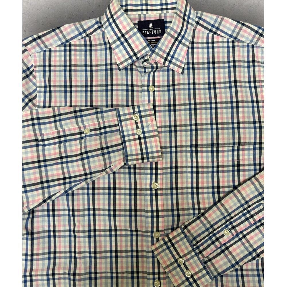 STAFFORD Travel Easy Card Broadcloth Size 15.5 Fitted‎ Blue Pink White LS